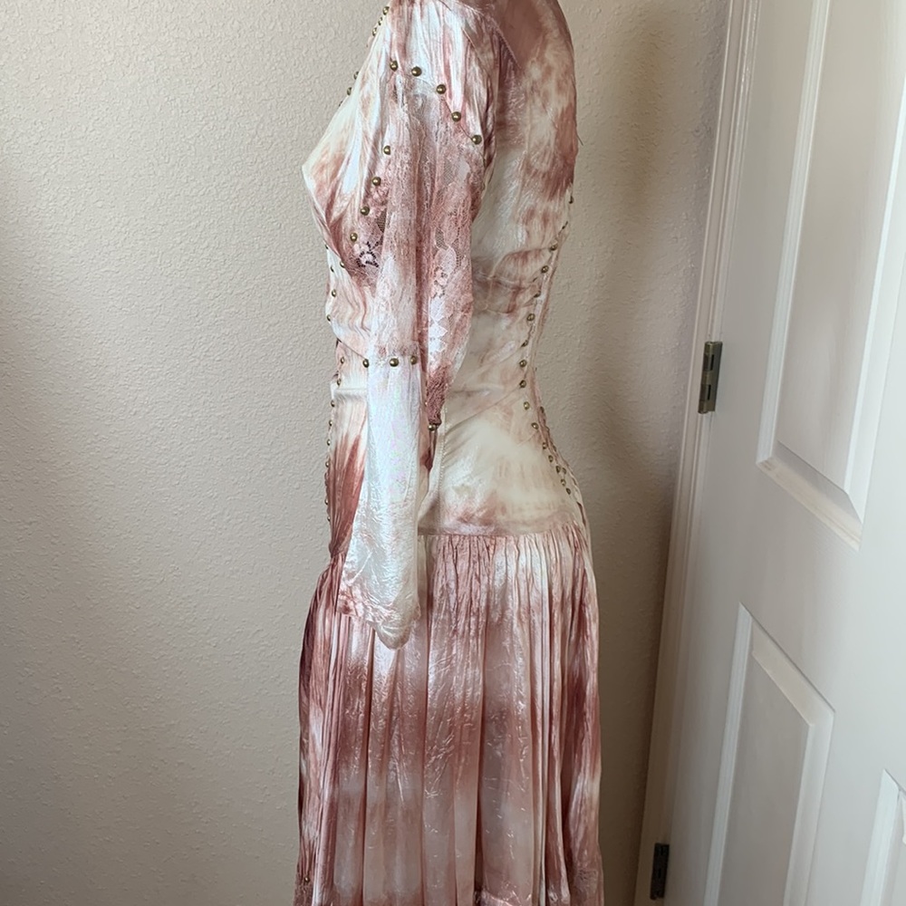 Renaissance Ren Faire Fairy Goth Grunge Feminine Pink Lace Velvet Handmade Dress - Picture 9 of 11